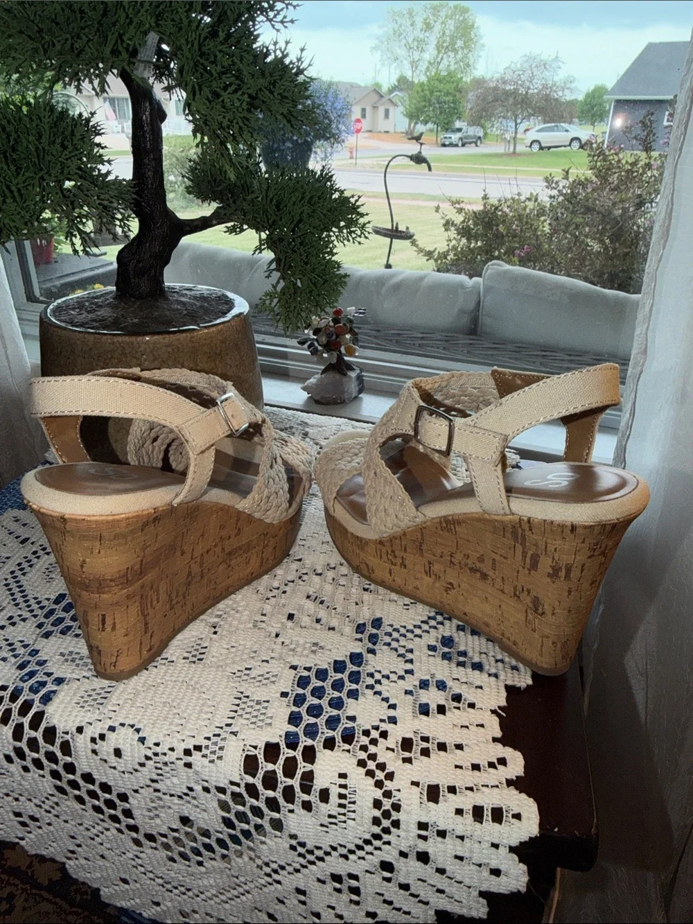 SO Cream Woven Cork Wedge Sandals